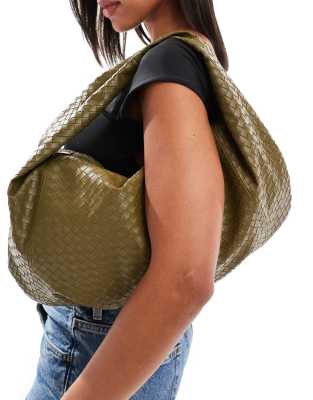 ASOS DESIGN slouch weave shoulder bag in khaki-Green