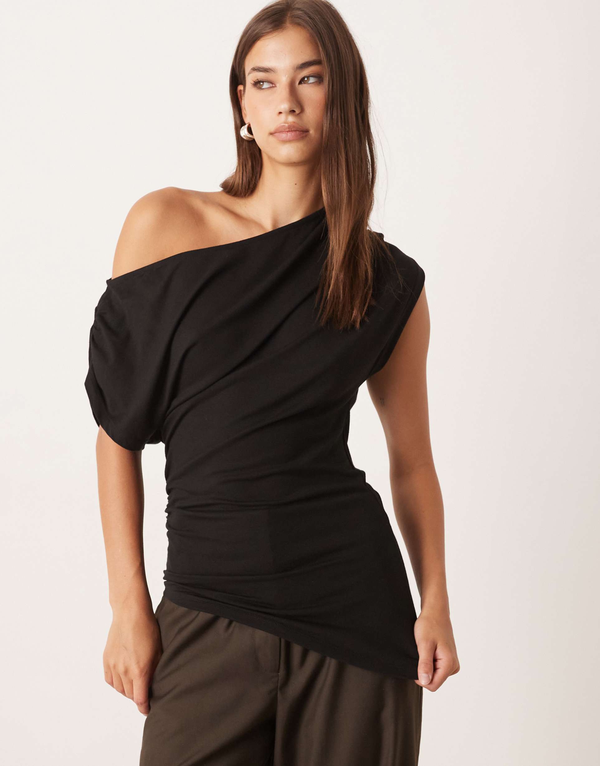 asos design slouchy asymmetric longline gathered top in black