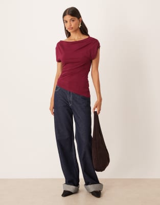 Asos Design Slouchy Asymmetric Longline Gathered Top In Burgundy