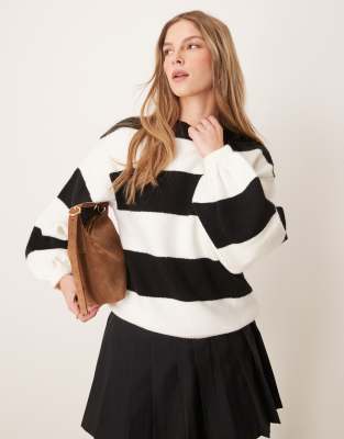 slouchy balloon sleeve sweater in black and white stripe-Multi