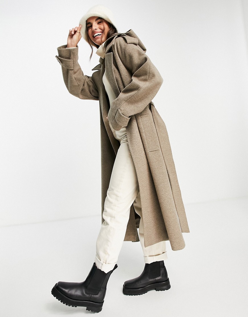 ASOS DESIGN slouchy belted coat with hood in mushroom-Grey