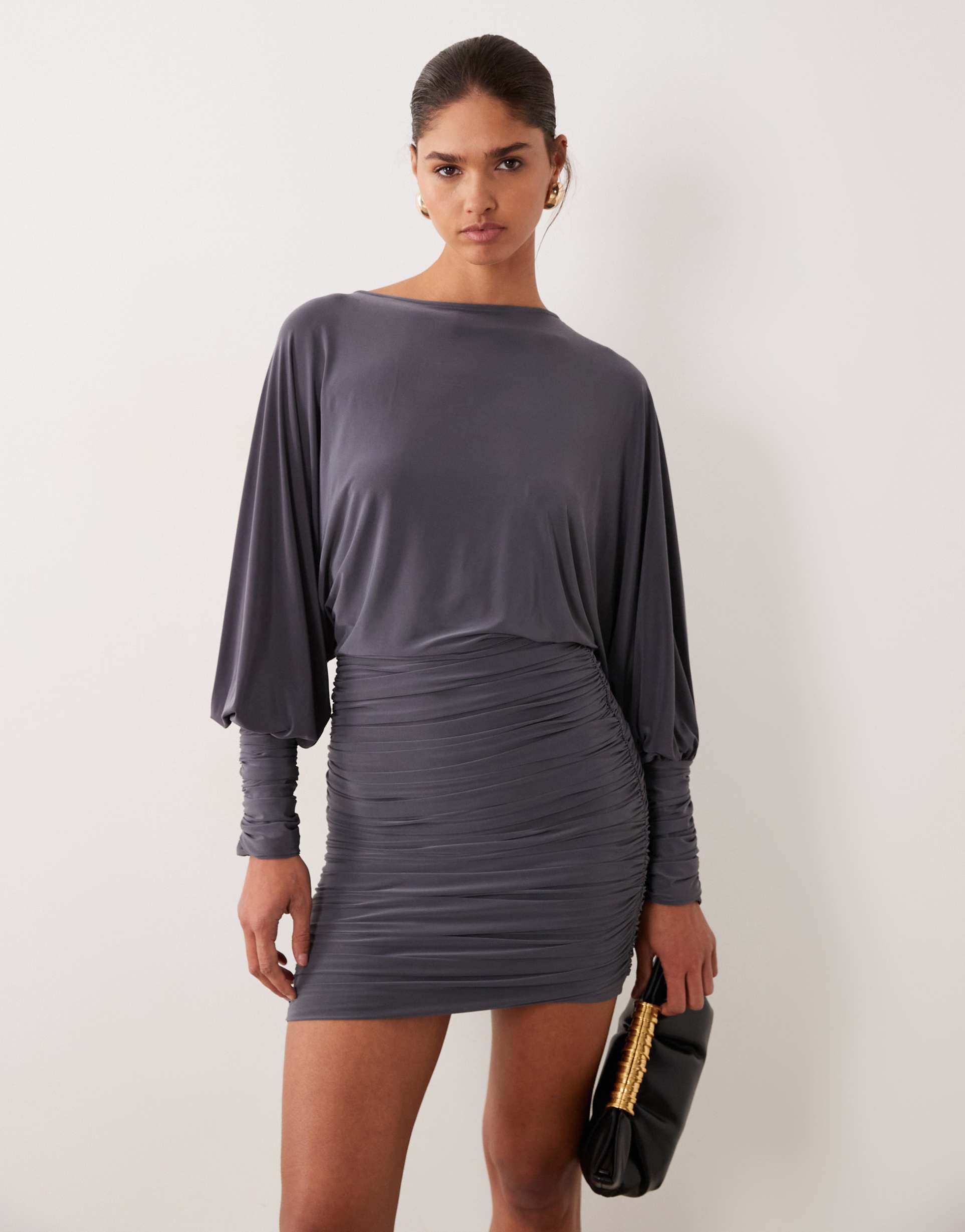 asos design slouchy blouson mini dress in charcoal
