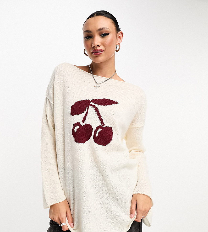 ASOS DESIGN slouchy cherry jumper in ivory-White