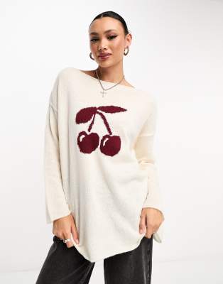 Asos Design Slouchy Cherry Sweater In Ivory-white
