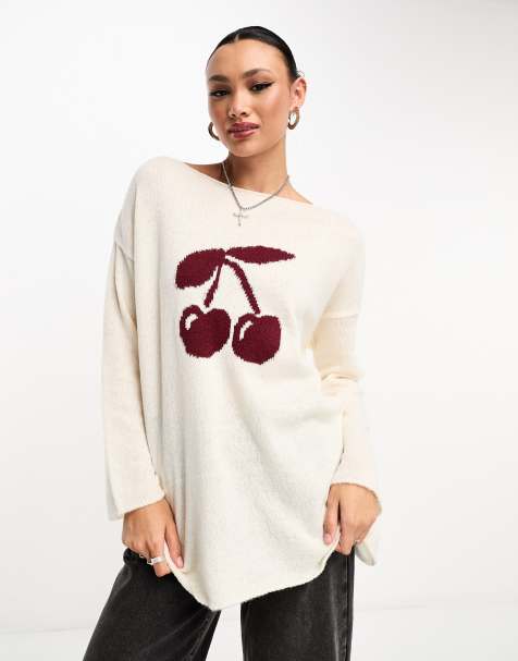 ASOS DESIGN slouchy cherry sweater in ivory - view 1
