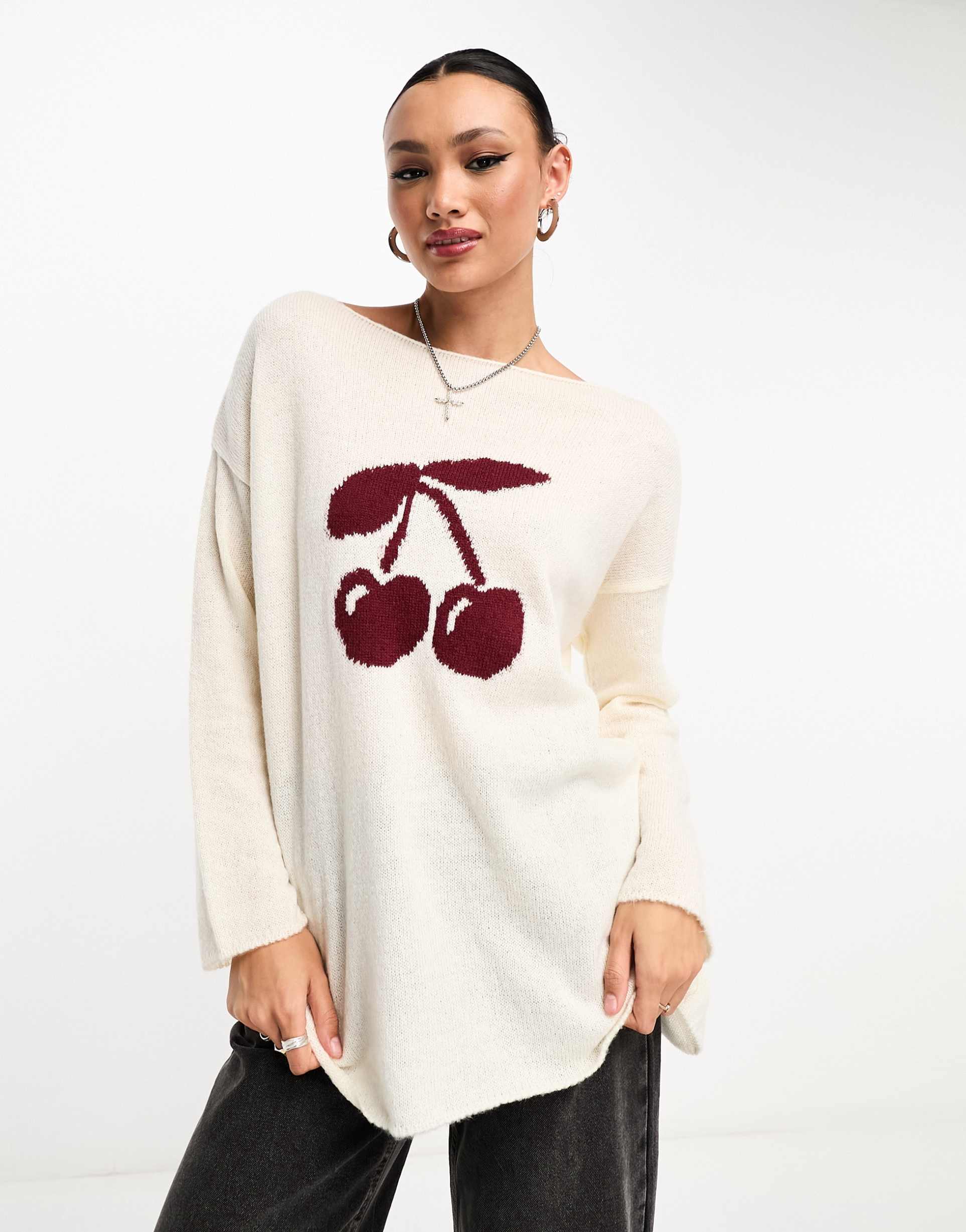 asos design slouchy cherry sweater in ivory