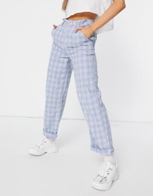 white and blue plaid pants