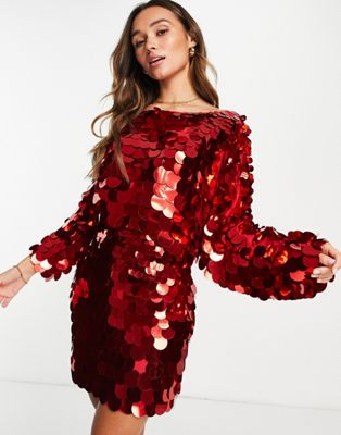 ASOS DESIGN slouchy embellished mini dress in red oversized disc sequin ...