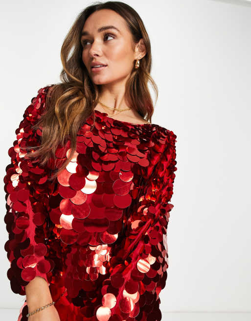 ASOS DESIGN slouchy embellished mini dress in red oversized disc sequin