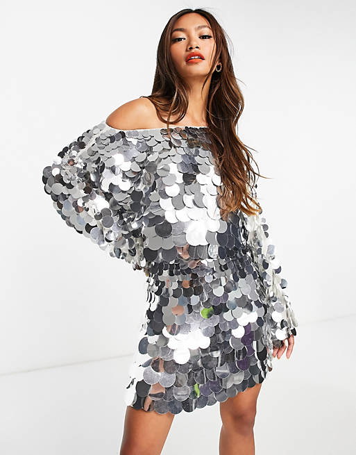 ASOS DESIGN slouchy embellished mini dress in silveroversized disc sequin