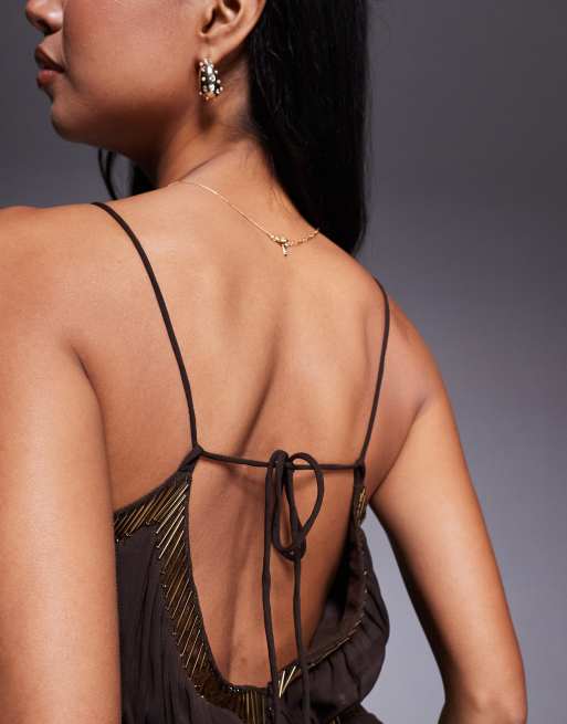 ASOS DESIGN slouchy embellished panels mini dress with uneven hem in chocolate, 3 of 4