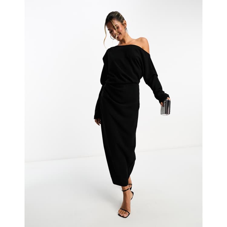 ASOS DESIGN slouchy fallen shoulder midi dress in black