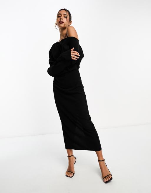 ASOS DESIGN slouchy fallen shoulder midi dress in black