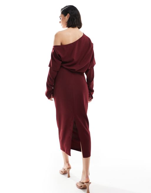 ASOS DESIGN slouchy fallen shoulder midi dress in burgundy ASOS