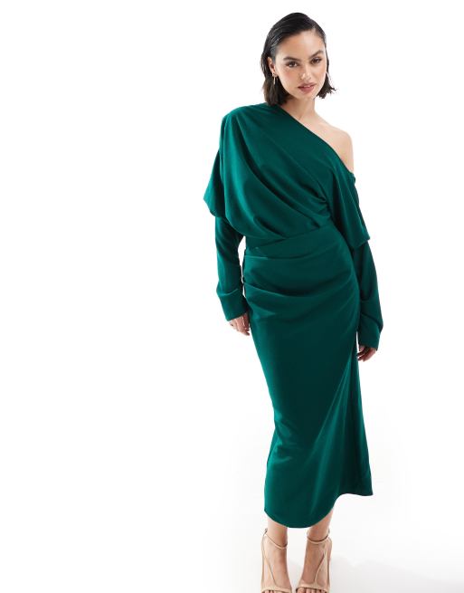 ASOS DESIGN slouchy fallen shoulder midi dress in forest green