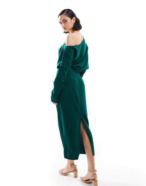 ASOS DESIGN slouchy fallen shoulder midi dress in forest green
