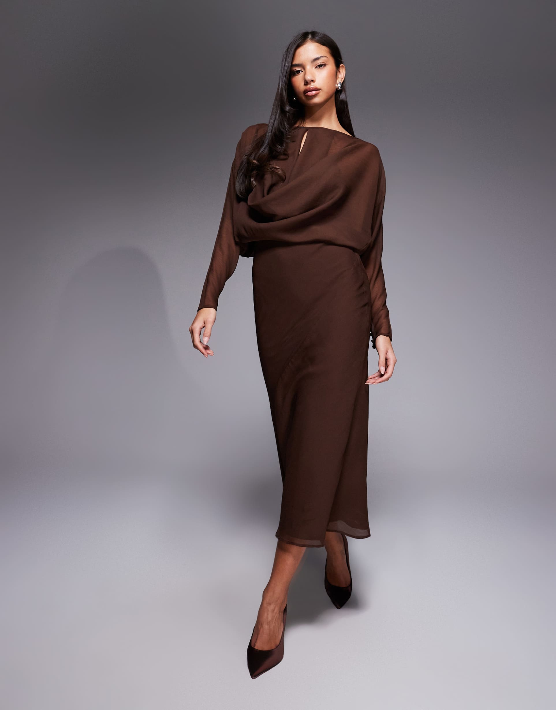 asos design slouchy hip bias cut asymmetric midi dress in chocolate