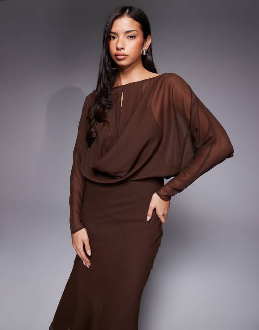 ASOS DESIGN slouchy hip bias cut asymmetric midi dress in chocolate, 3 of 4