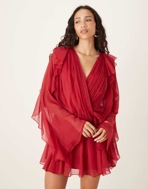 ASOS DESIGN slouchy hip godet mini dress with ruffle sleeve in cherry red - view 1