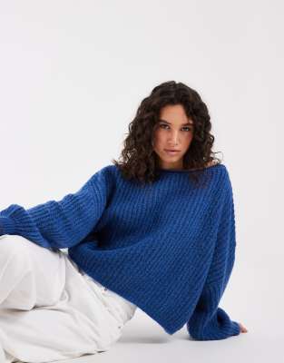 Asos Design Slouchy Knit Off The Shoulder Sweater In Blue