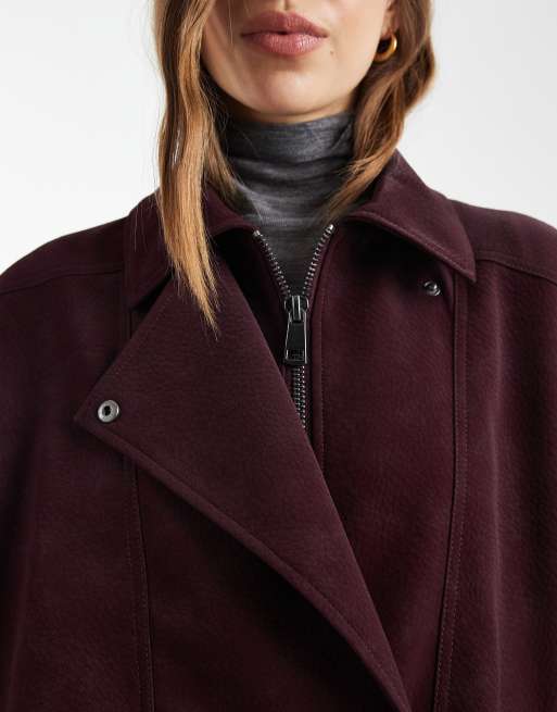 ASOS DESIGN slouchy leather look oversized biker jacket in burgundy, 3 of 4