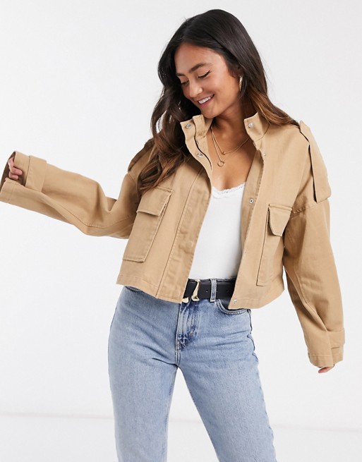 ASOS DESIGN slouchy lightweight cropped jacket in stone