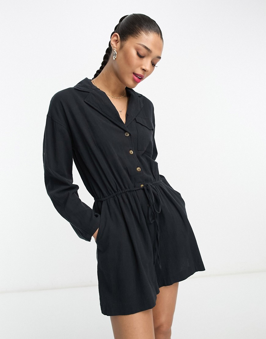 ASOS DESIGN slouchy linen look shirt playsuit with long sleeve in black