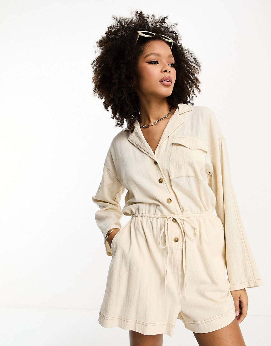 ASOS DESIGN slouchy linen look shirt playsuit with long sleeve in oatmeal-Neutral