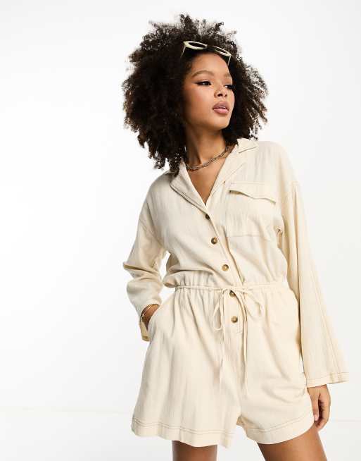 ASOS DESIGN slouchy linen look shirt romper with long sleeve in oatmeal |  ASOS