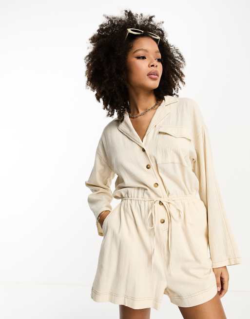 ASOS DESIGN button up shirt romper in stone