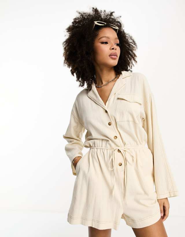 ASOS DESIGN slouchy linen look shirt romper with long sleeve in oatmeal