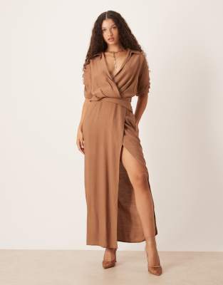 Asos Design Slouchy Midi Shirt Dress With Slit In Brown