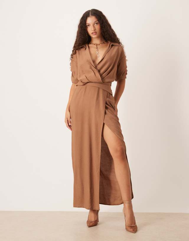 brown midi shirt dress ASOS Design Slouchy with slit in light Ribbon Waist Floor-Length Lace __color_tan:s16913_tan short puff sleeves Size:46 Long Jacket