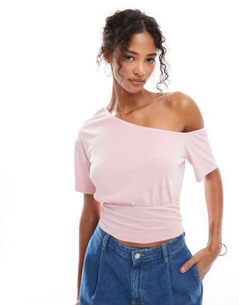 ASOS DESIGN slouchy off shoulder cupro top with cinched waist in pink - view 1