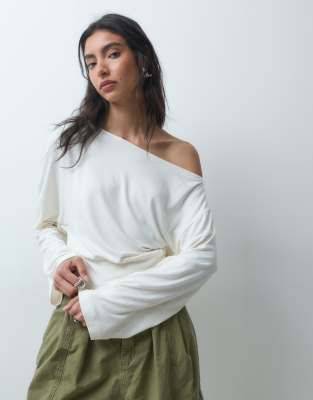 ASOS DESIGN slouchy off shoulder long sleeve cinch waist top in cream | ASOS