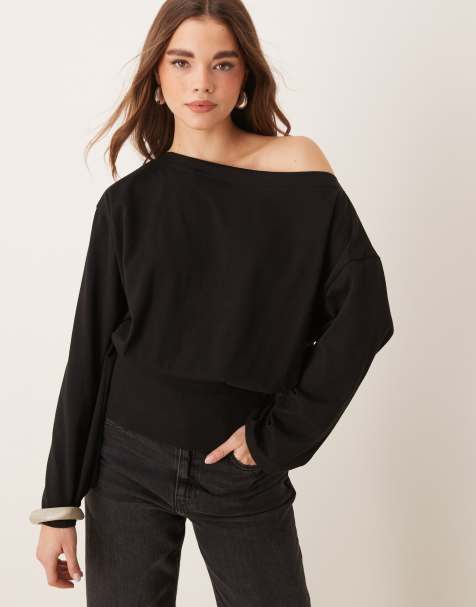 ASOS DESIGN slouchy off shoulder long sleeve top in black - view 1
