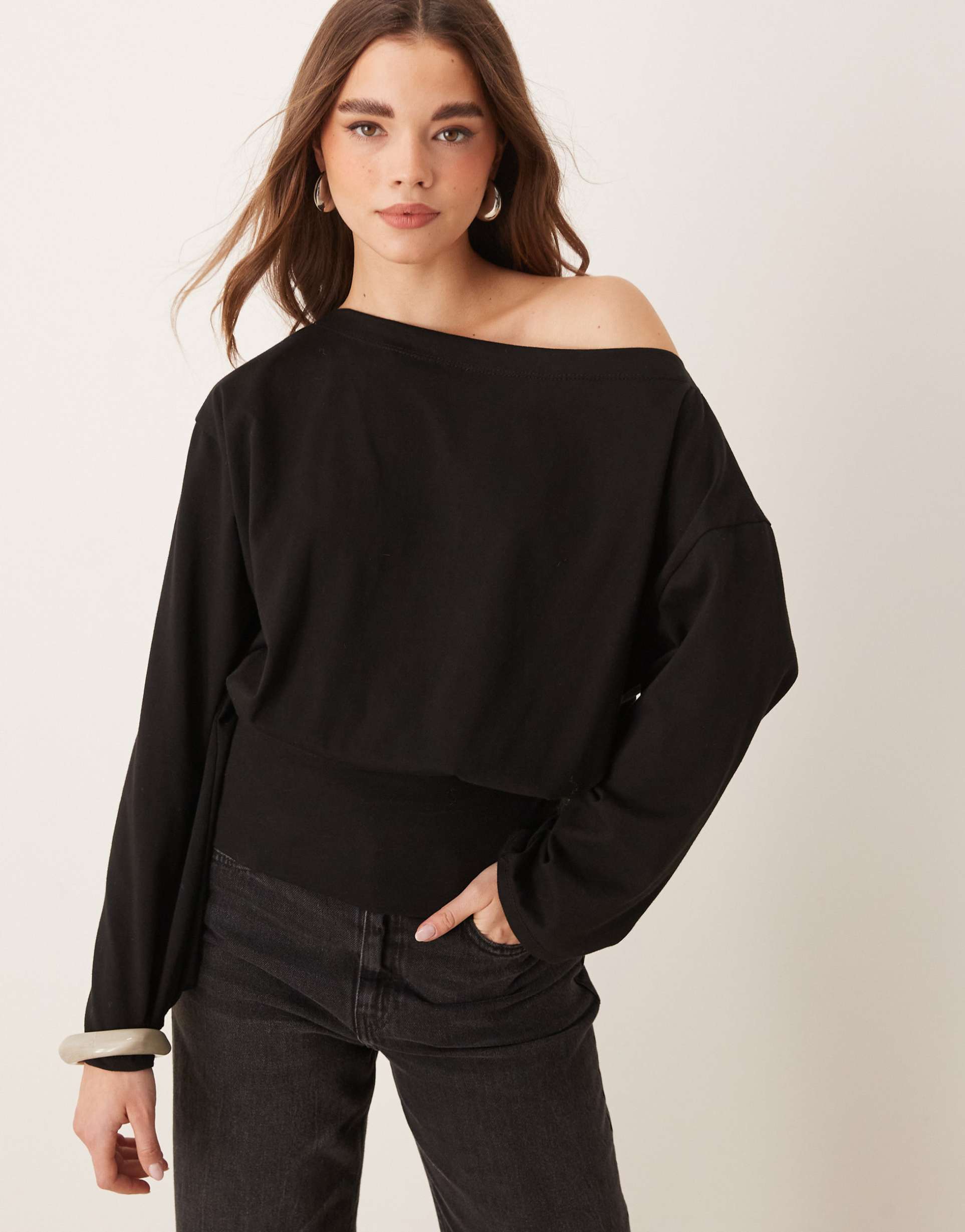 asos design slouchy off shoulder long sleeve top in black