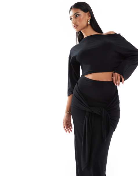 ASOS DESIGN slouchy off shoulder maxi dress with wrap front skirt detail in black - view 1