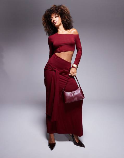 ASOS DESIGN slouchy off shoulder maxi dress with wrap front skirt detail in wine - view 1