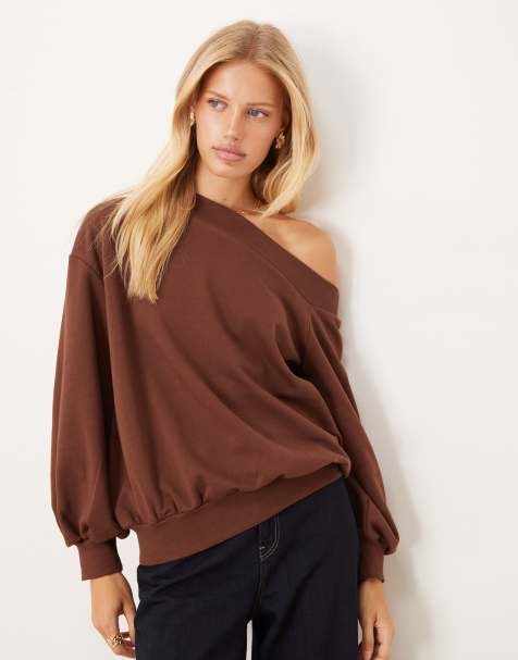 ASOS DESIGN slouchy off shoulder oversized sweat in brown - view 1
