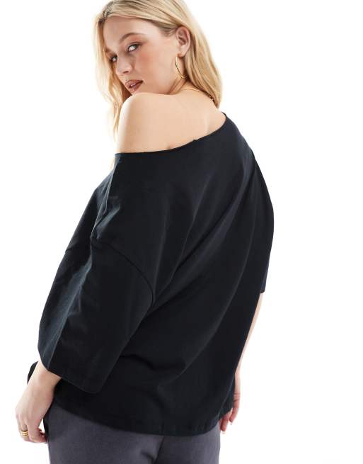 ASOS DESIGN slouchy off-shoulder oversized tee in black