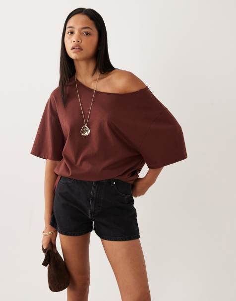 ASOS DESIGN slouchy off shoulder oversized tee in choc - view 1