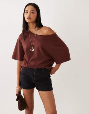 Asos Design Slouchy Off Shoulder Oversized Tee In Burgundy