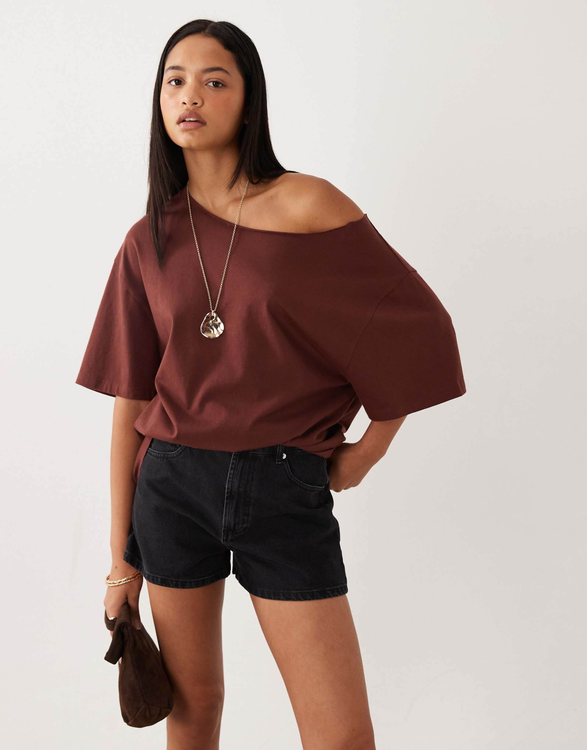 asos design slouchy off-shoulder oversized tee in chocolate