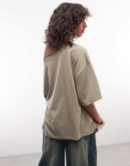 ASOS DESIGN slouchy off shoulder oversized tee in khaki, 2 of 4