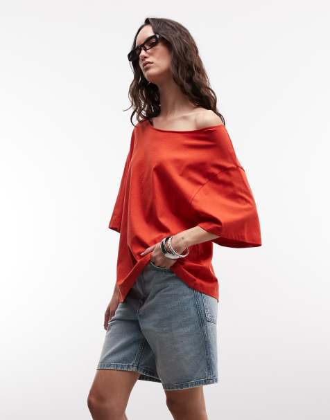 ASOS DESIGN slouchy off shoulder oversized tee in red - view 1