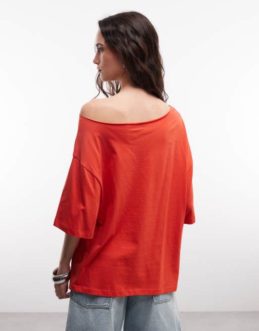 ASOS DESIGN slouchy off shoulder oversized tee in red, 4 of 4