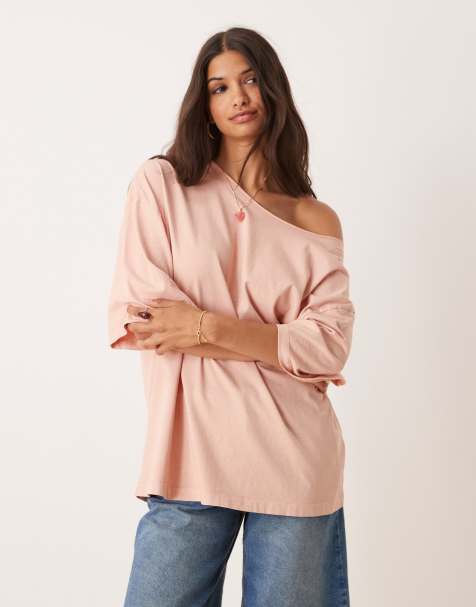ASOS DESIGN slouchy off-shoulder oversized tee in washed rose - view 1