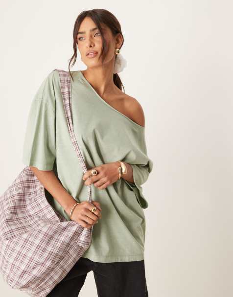ASOS DESIGN slouchy off shoulder oversized tee in washed sage - view 1