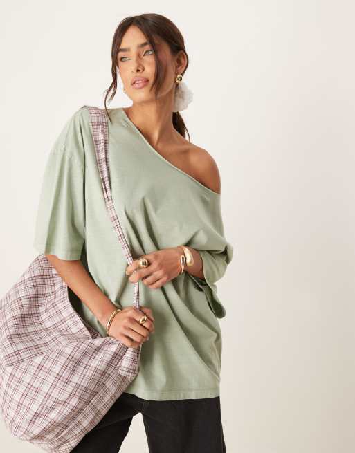ASOS DESIGN slouchy off the shoulder oversized tee in washed sage